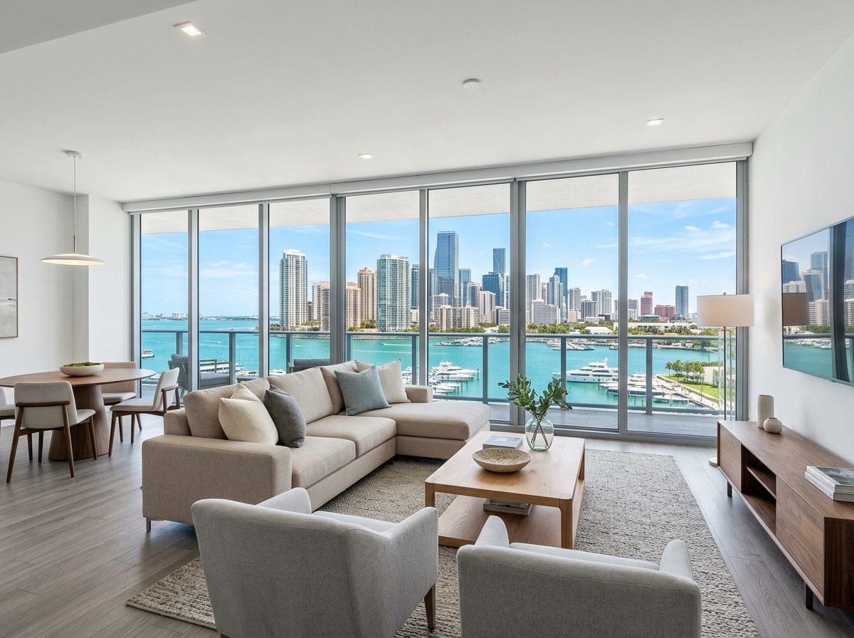 Brickell condo living room with bay views