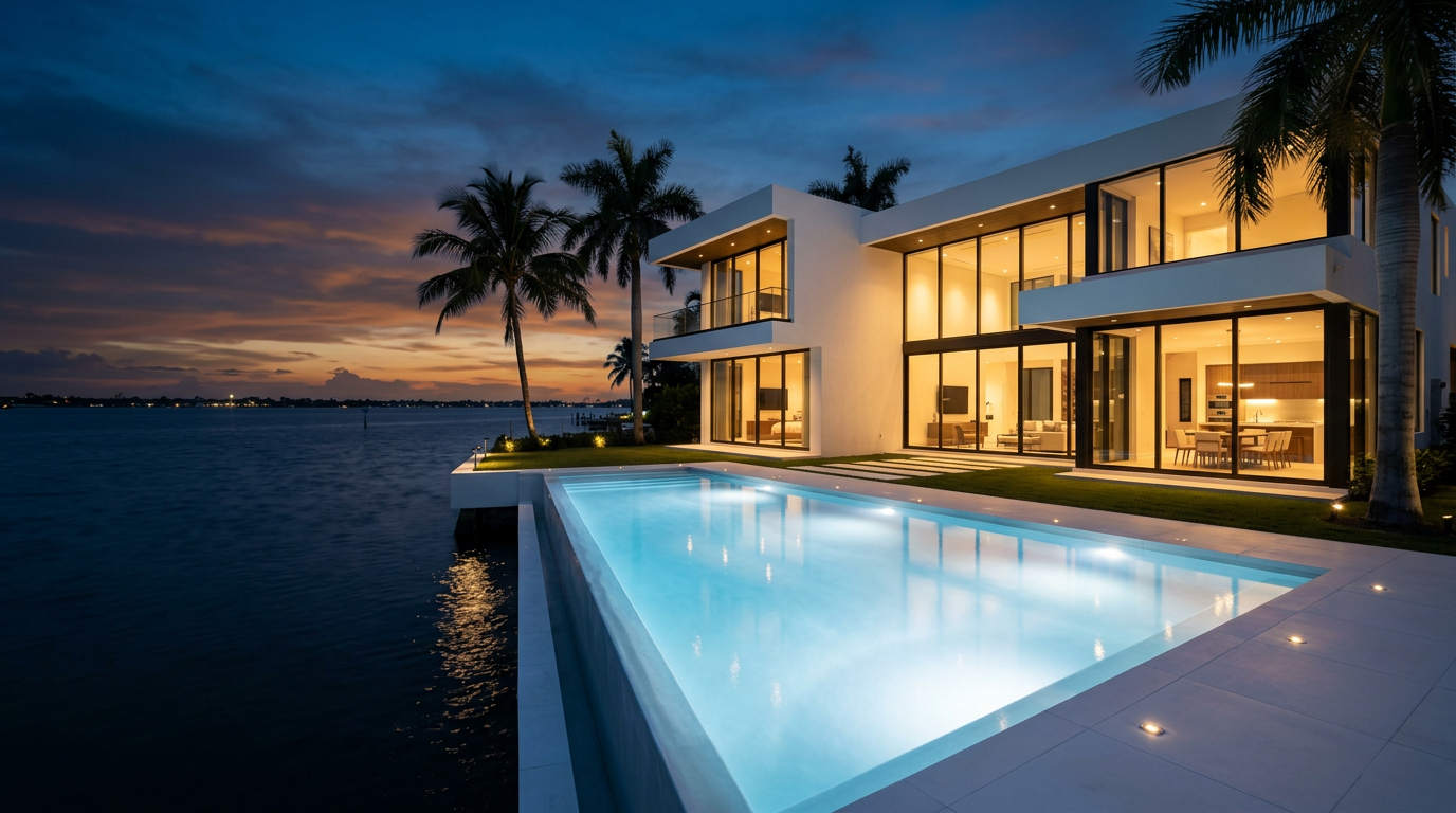 Modern white waterfront home at dusk with a glowing pool